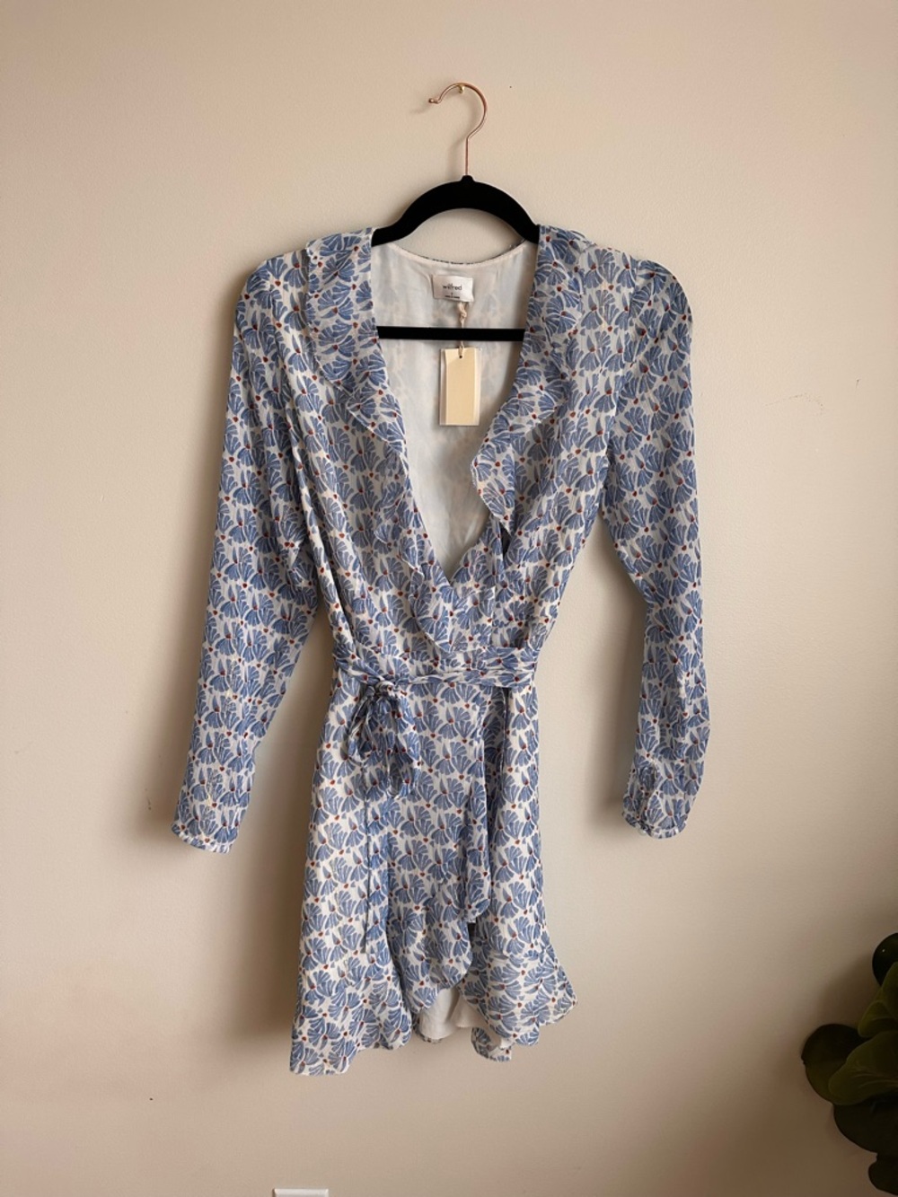 Wilfred Light Blue Floral Wrap Dress with Ruffle Trim